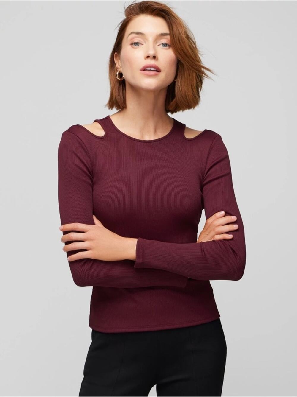 White House Black Market Burgundy FORME ribbed Long-Sleeve Top  Shoulder Cutouts